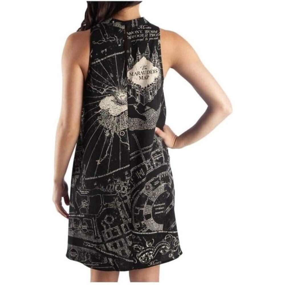 HARRY POTTER Marauders Map Choker V-Neck Dress Black Whimsigoth Junior Sz Large - Picture 2 of 5